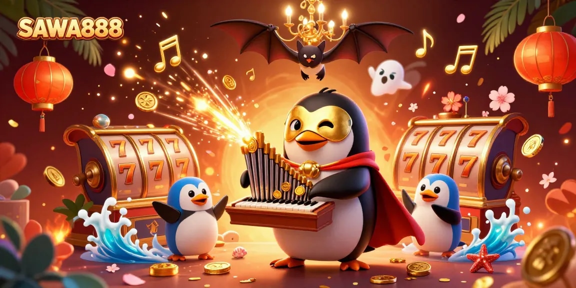Play slots with SAWA888 featuring a golden mask penguin and vibrant casino elements.