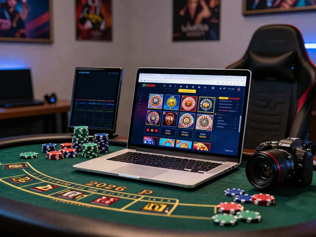 Explore online casinos that accept credit cards in a modern home gaming environment with laptop and vibrant graphics.