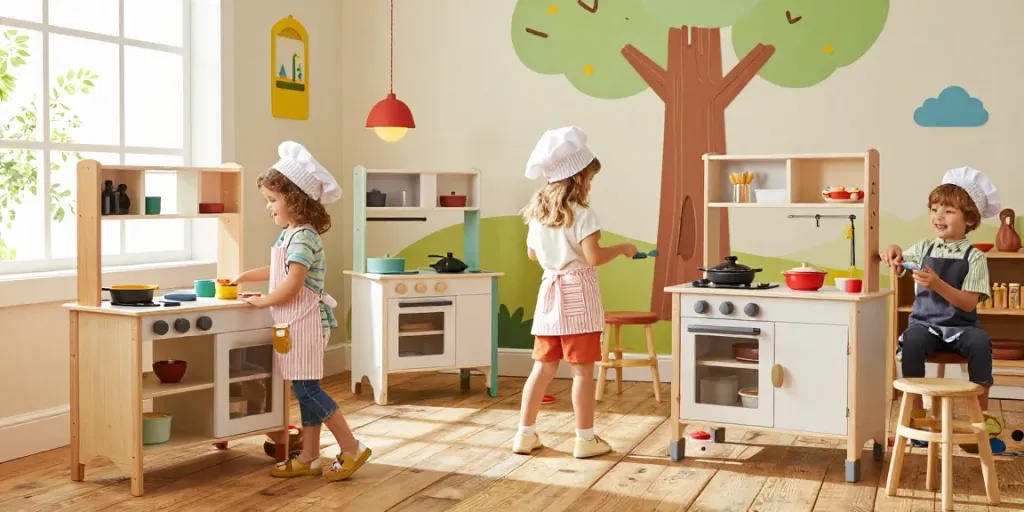 Children enjoying imaginative play with a wooden kitchen set, surrounded by colourful accessories, in a bright, inviting atmosphere.