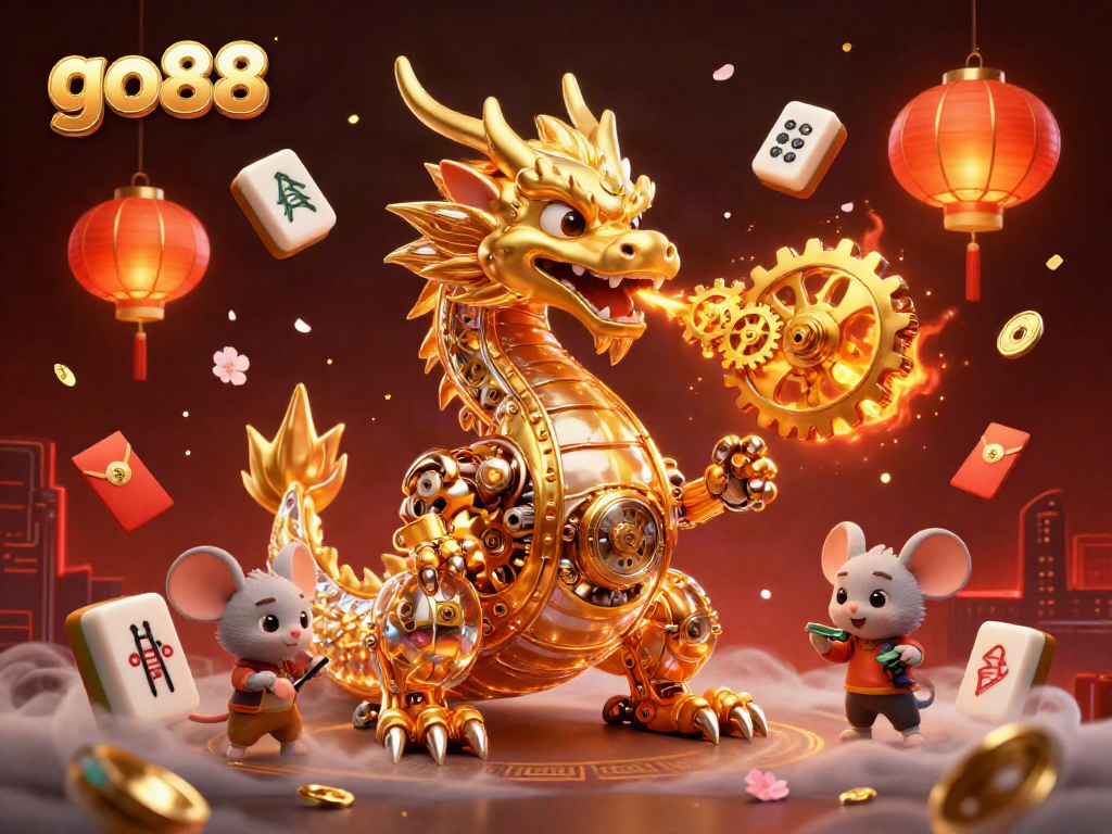 Engage with go88's vibrant gaming world through a fantasy 3D illustration featuring a golden dragon and exciting casino elements.