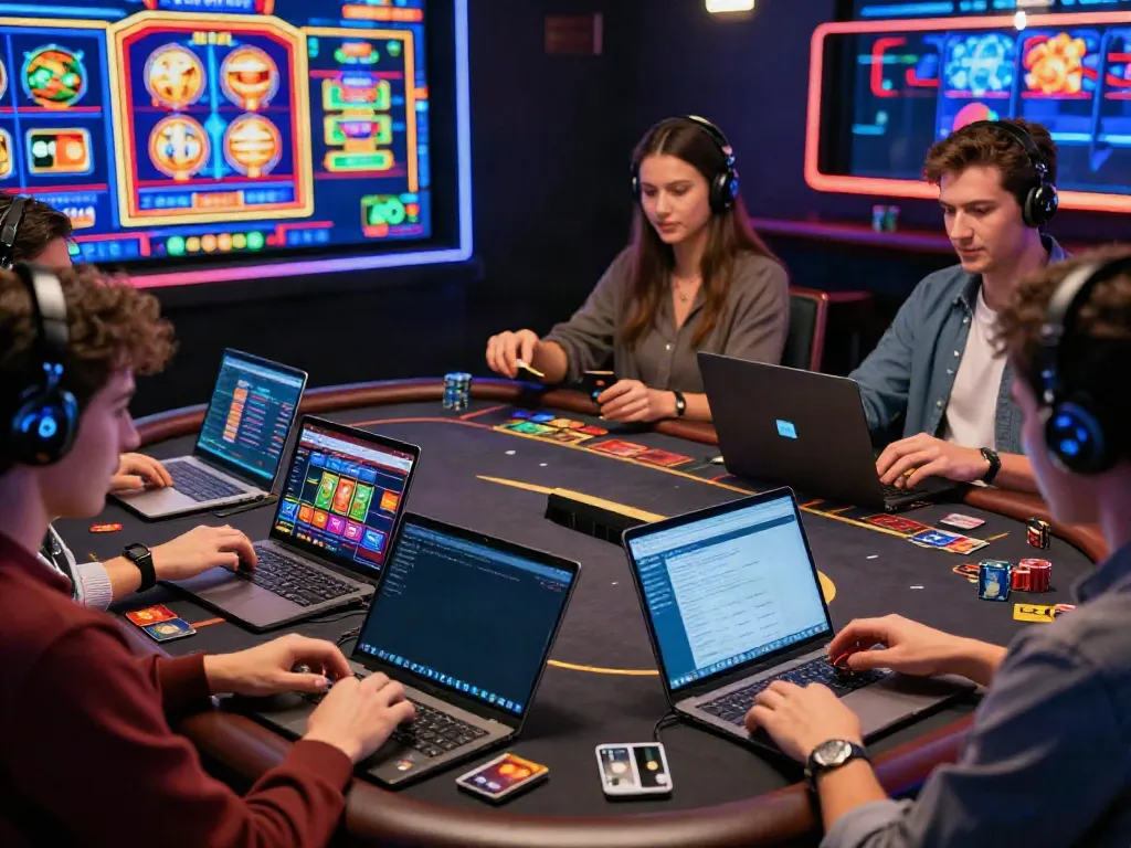 Engaged players at online credit card casinos using various devices to enjoy games with vibrant graphics and excitement.