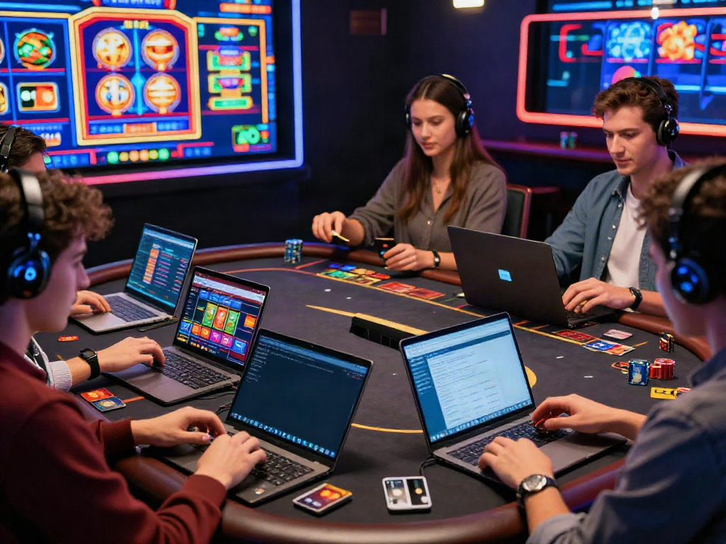 Engaged players at online credit card casinos using various devices to enjoy games with vibrant graphics and excitement.