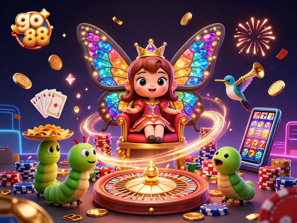 Win big with go 88 in this vibrant 3D casino scene featuring colorful slots and chips.