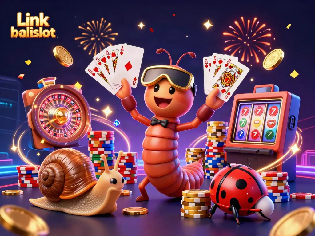 Spin and win with Link balislot, featuring a lively cartoon dealer and vibrant casino elements.