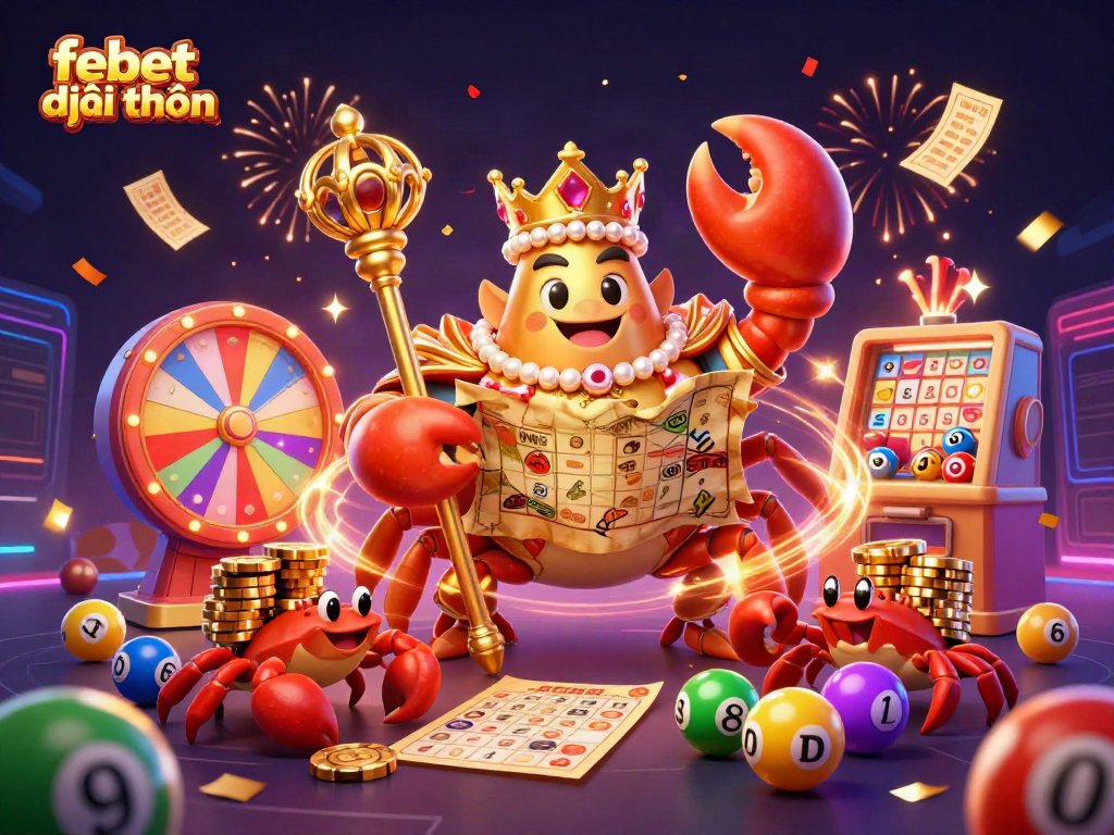 Engage with febet đổi thưởng through a lively 3D scene featuring a golden crab emperor amidst vibrant gaming elements.