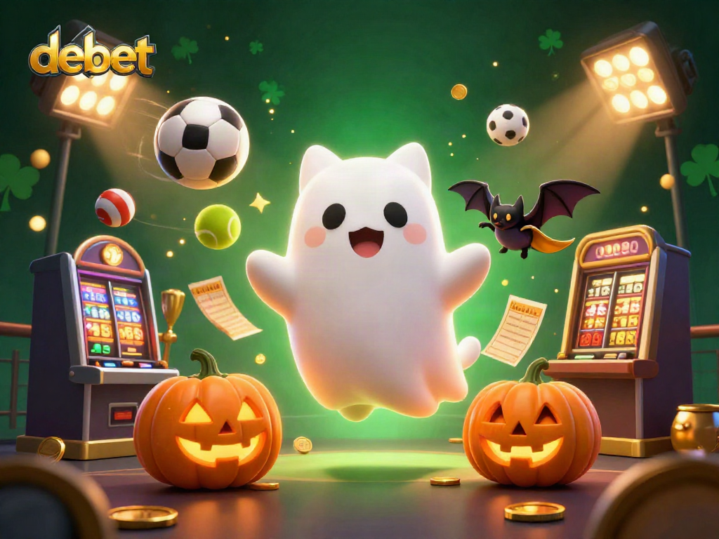 Engaging players with debet in a lively haunted casino, featuring a ghost cat, bat, and vibrant gaming elements.