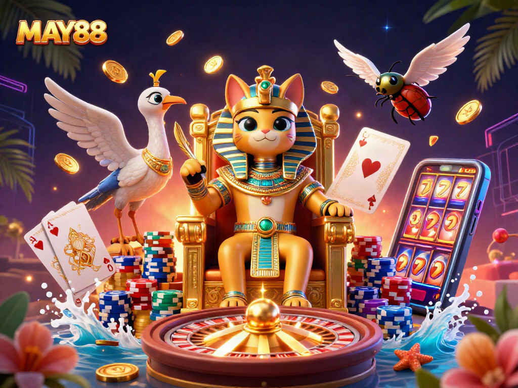 MAY88 casino scene showcasing an Egyptian pharaoh cat and scribe amidst cascading coins and vibrant game elements.
