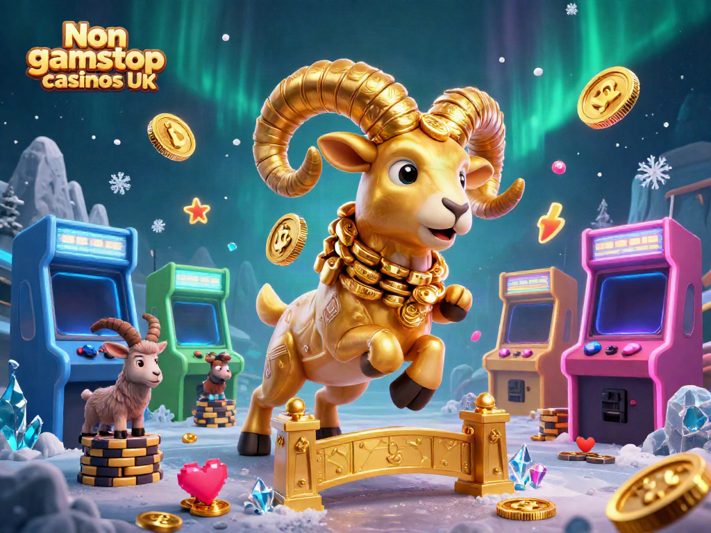 Experience Non gamstop casinos UK in vibrant detail with a 3D golden ram charging through an animated scene.