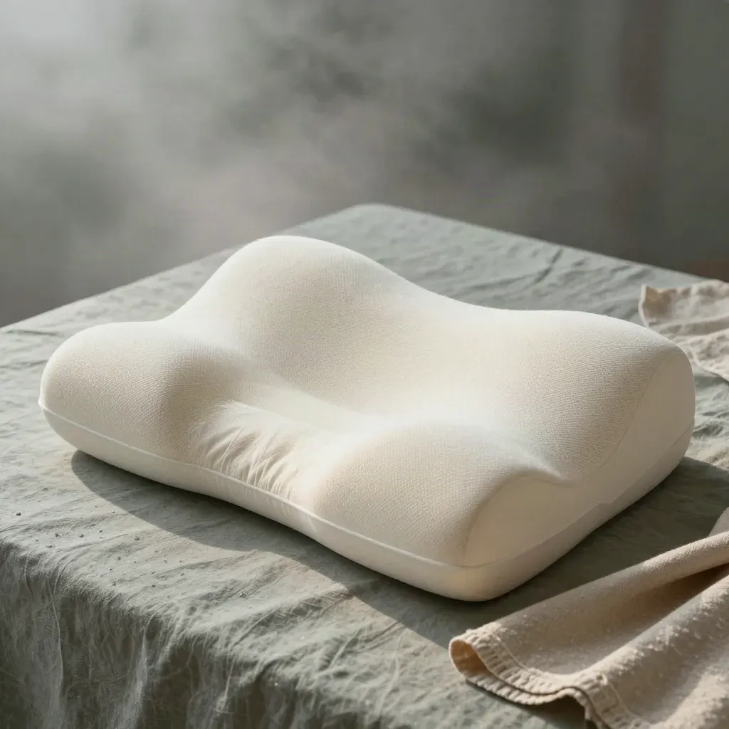 Contoured neck pillow with bedding companions on a misty pre-dawn studio surface.