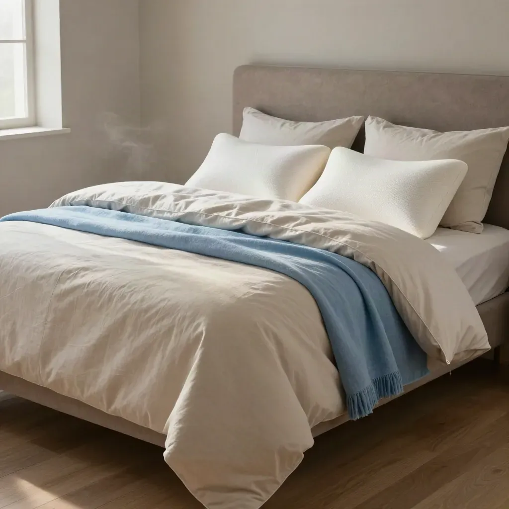Luxury bedding bundle on a made bed in a soft pale bedroom with blue accent