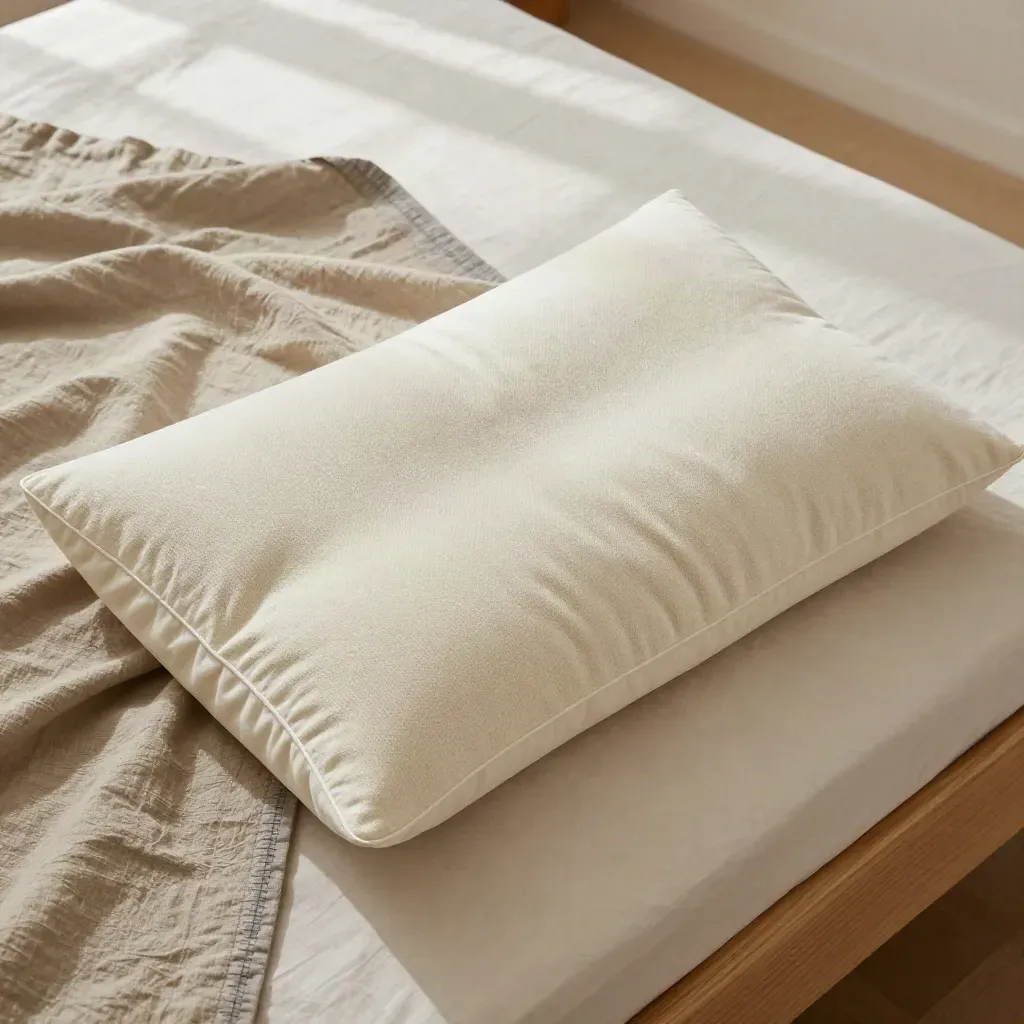 Body support pillow wrapped in linen on a pale oak flatlay, top-down and softly lit.