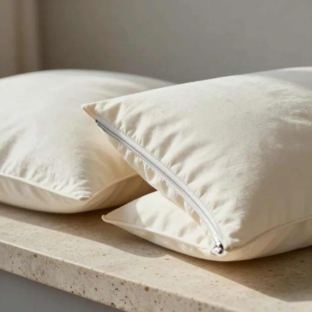 Off-white cotton pillow protectors fanned open on travertine with a folded sheet and soft grey card