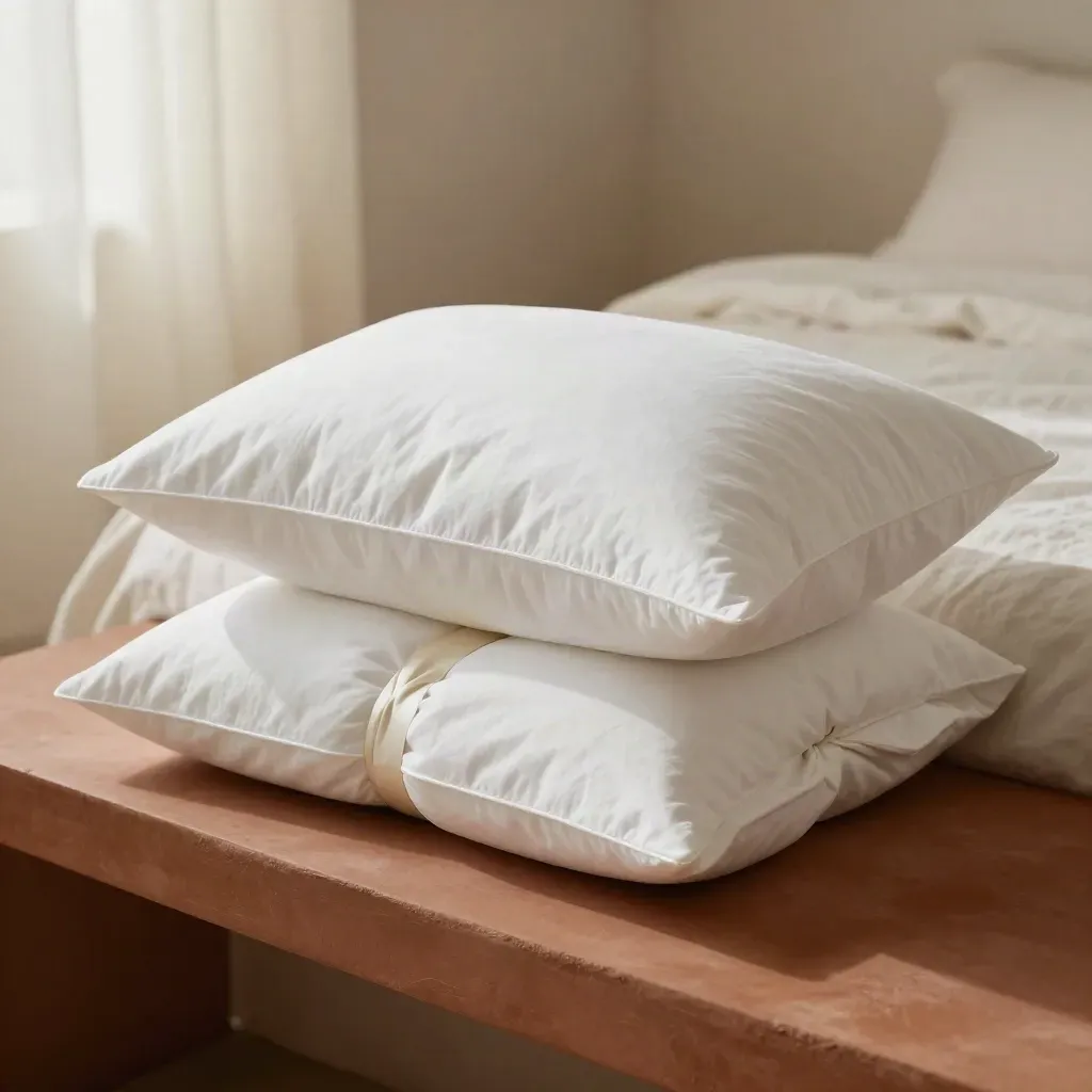 Cloud-white pillow gift set with protector and tied wrap on a terracotta bench