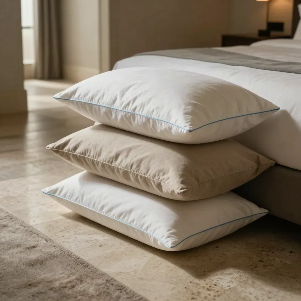 Four unbranded hotel pillows stacked beside a folded runner on a pale stone floor, lit by cool rim light.