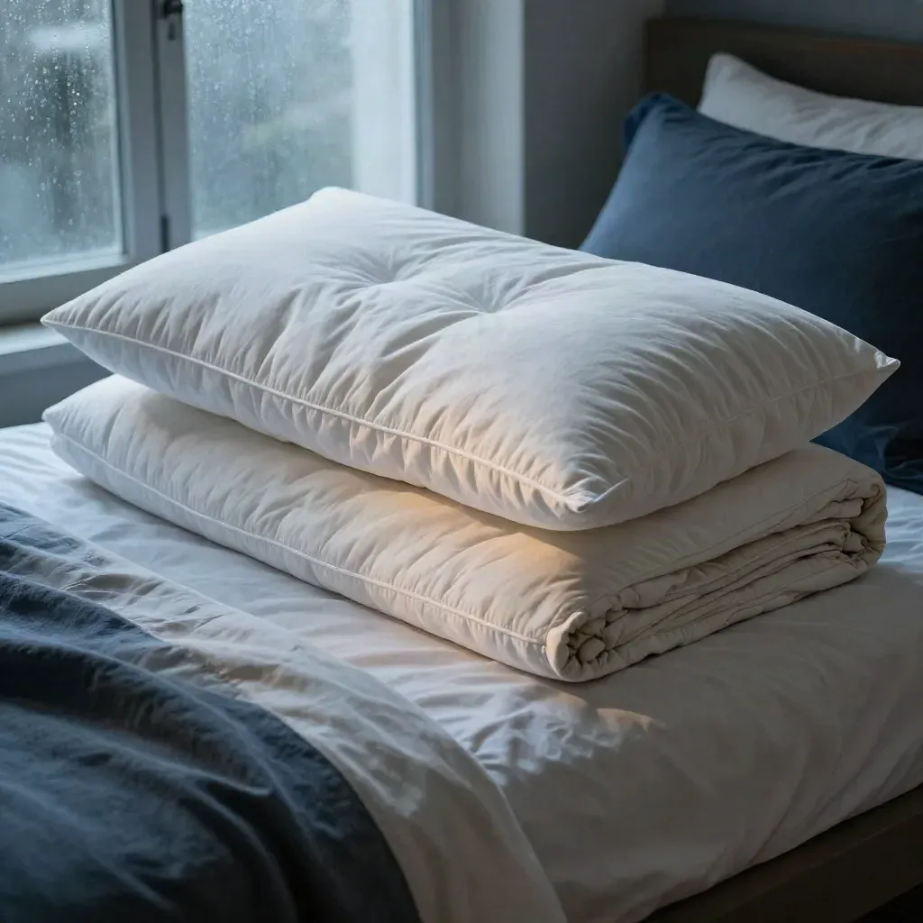 Mixed pillows, protectors and inserts on a made bed with a deep navy throw in bright morning light.