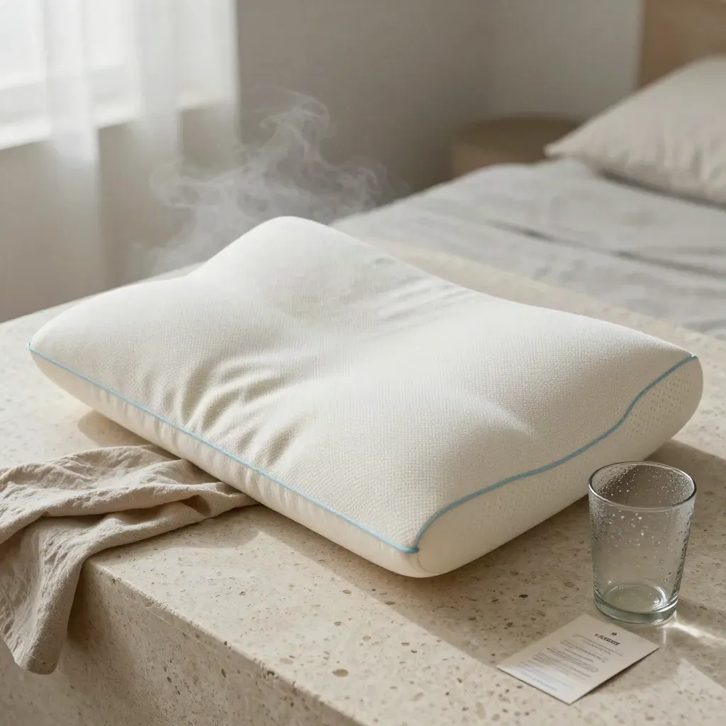 Cooling memory foam pillow on travertine with linen and a condensation-marked glass.