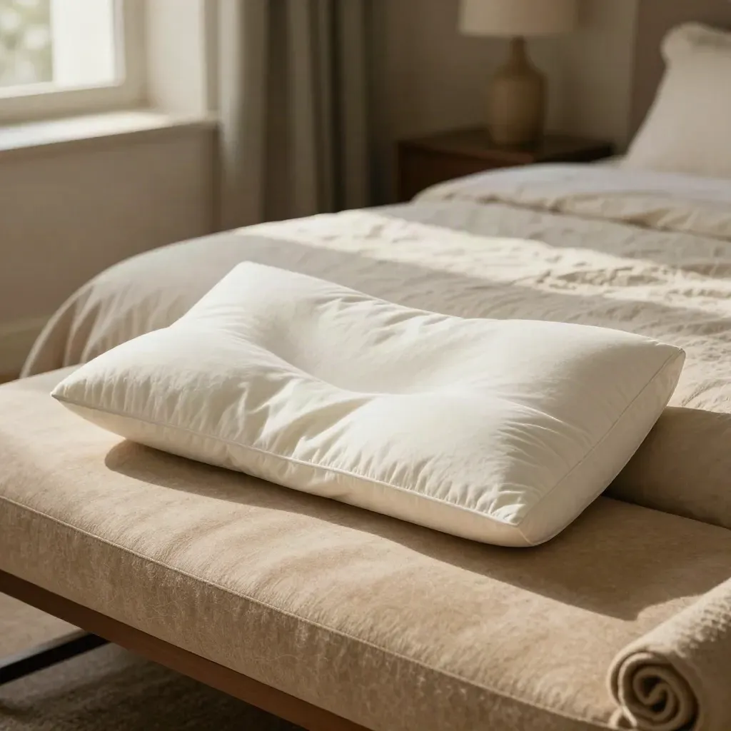 Upright off-white side sleep pillow with protector and rolled throw in a soft bedroom set
