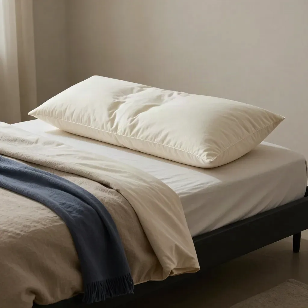 Extra-long body pillow sweeping across a bed with blanket and sheet in a dramatic studio setup.