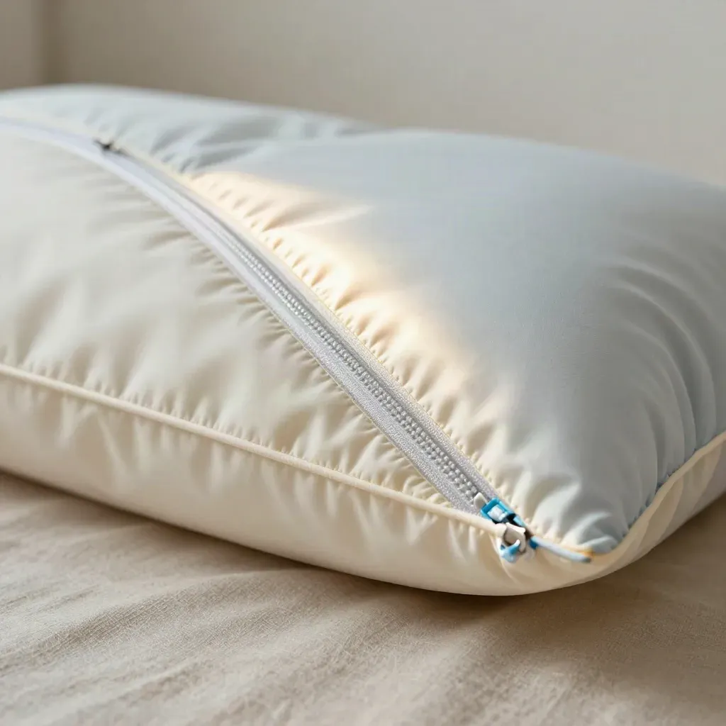Macro of an open zip pillow protector beside a sealed one, showing seam, zip and sheen.