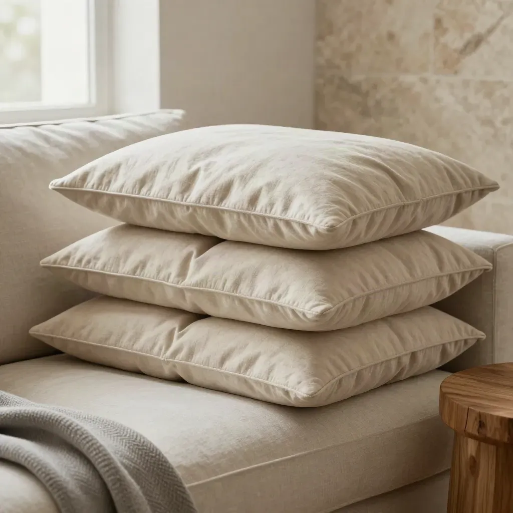 Four cushion inserts stacked in a sofa mockup with a throw and timber side table.