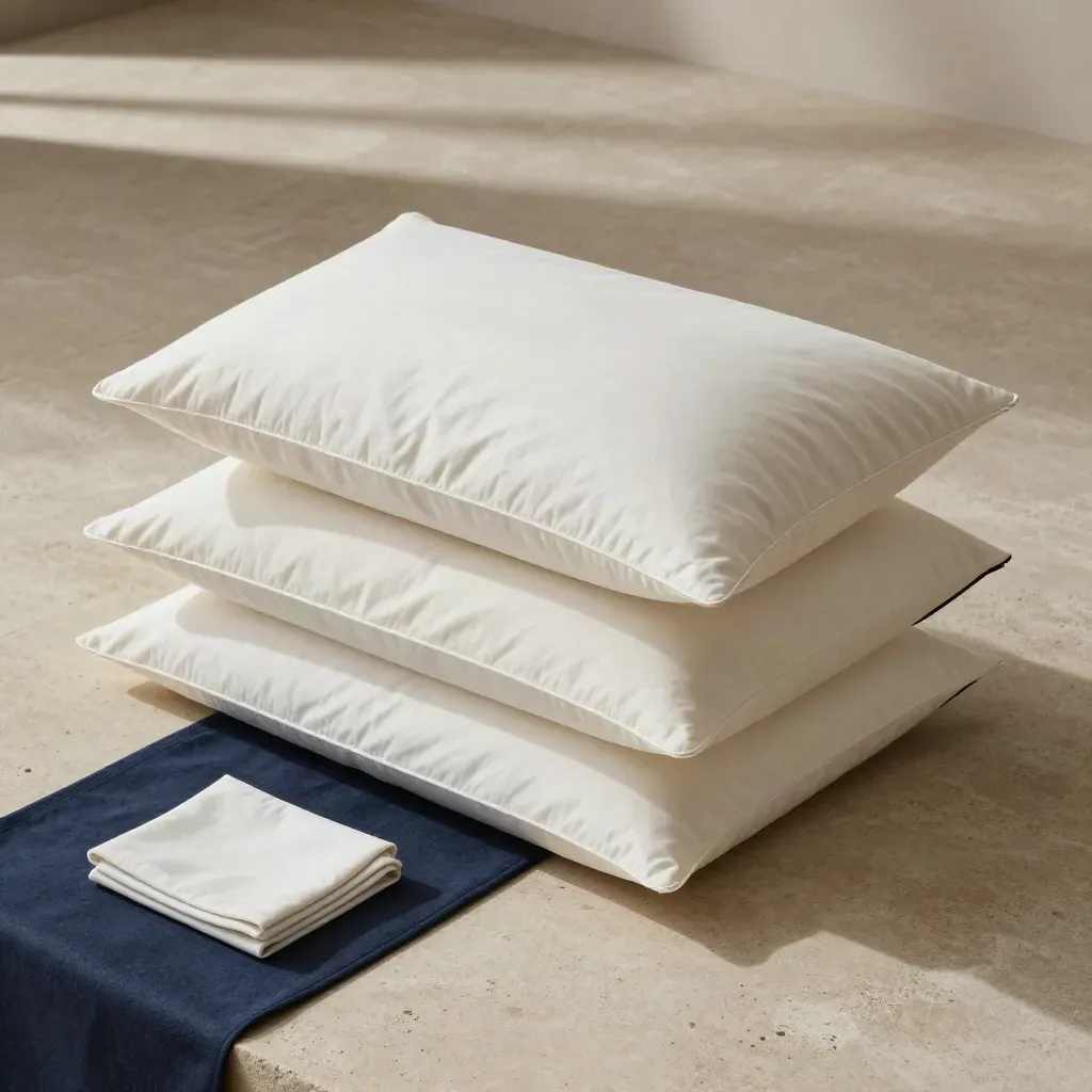 Top-down flatlay of four guest room pillows with slate navy runner on pale stone.