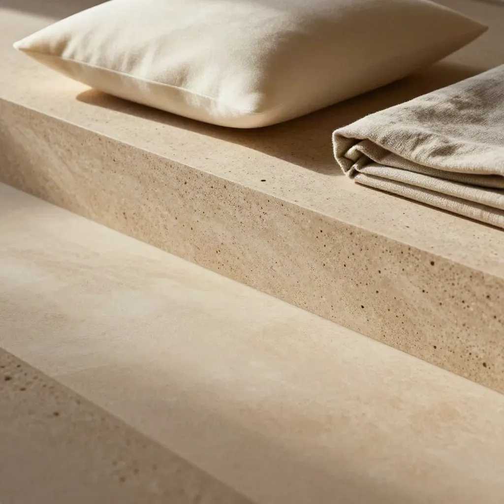 Travertine ledge with a memory foam pillow contour and folded linen stack in soft morning light.