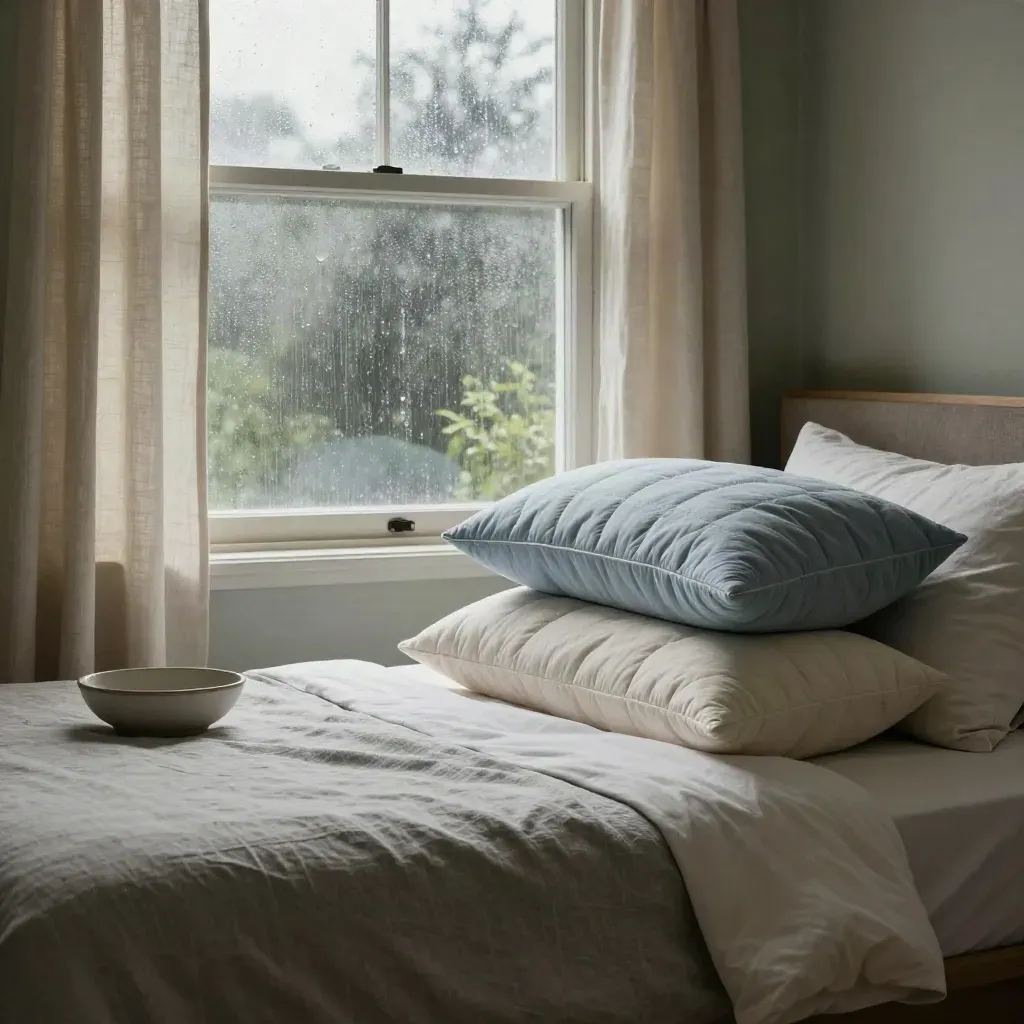 Rainy bedroom window with layered cooling pillows, pale linen curtains and soft blue-grey light.