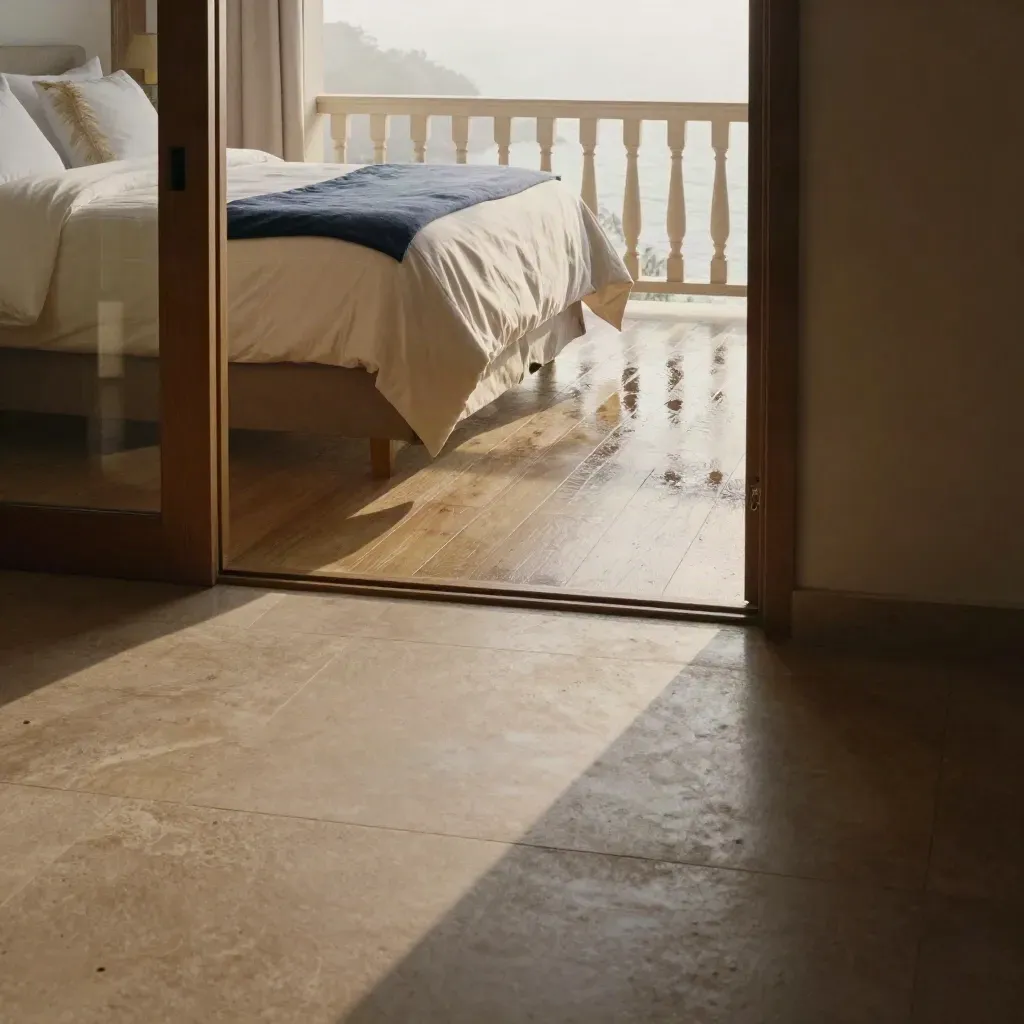 Golden-hour hotel suite with made bed, balcony mist, slate navy accents, and calm floor for copy.
