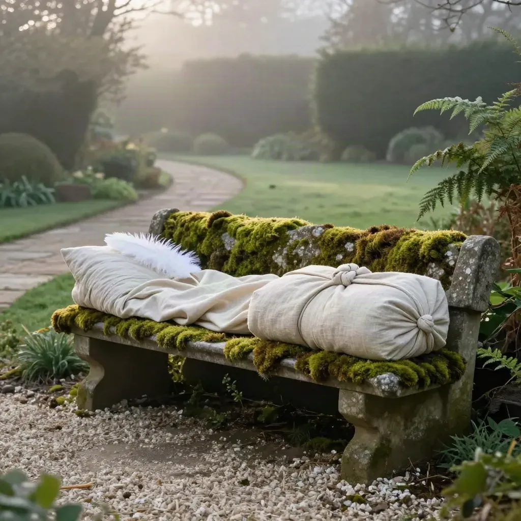 Mossy garden bench with linen-wrapped pillow bundles beside a misty stone path
