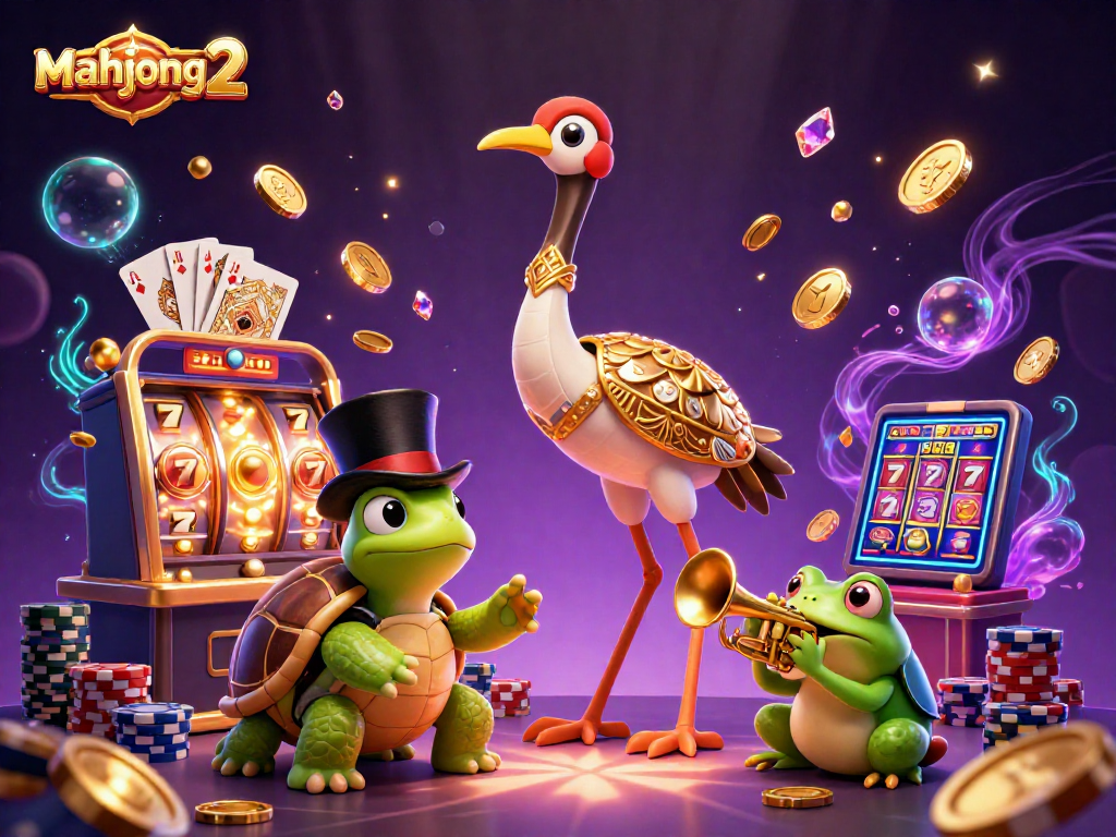 Play mahjong 2 with a dynamic illustration of characters enjoying a rich casino atmosphere, featuring slots and poker.