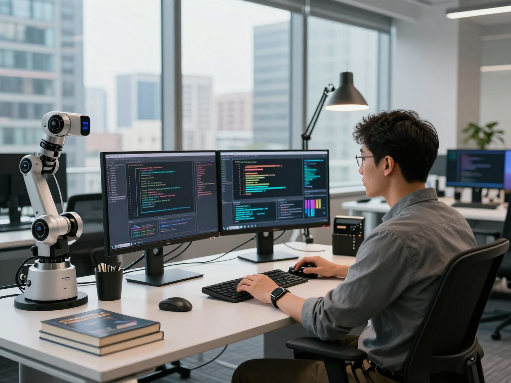 Software engineer developing spicy ai algorithms in a modern tech workspace with vibrant data visualizations.