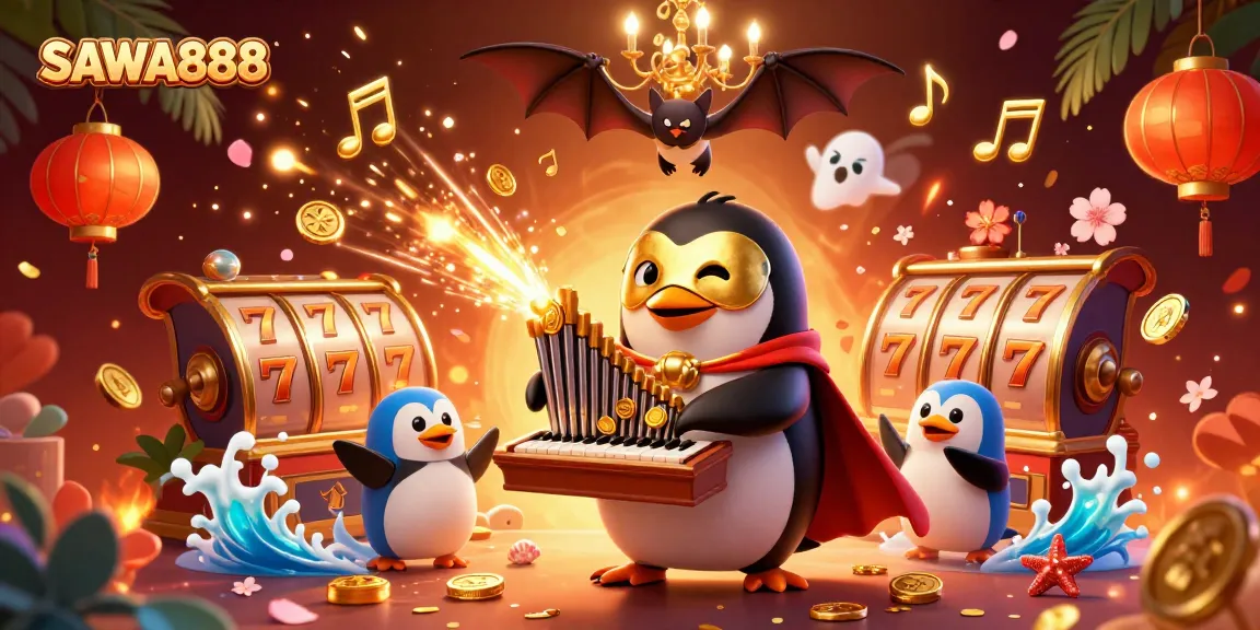 Play slots with SAWA888 featuring a golden mask penguin and vibrant casino elements.