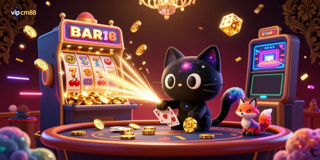Engage in the thrilling world of vip cm88 with a vibrant cosmic casino scene bursting with action and colorful characters.