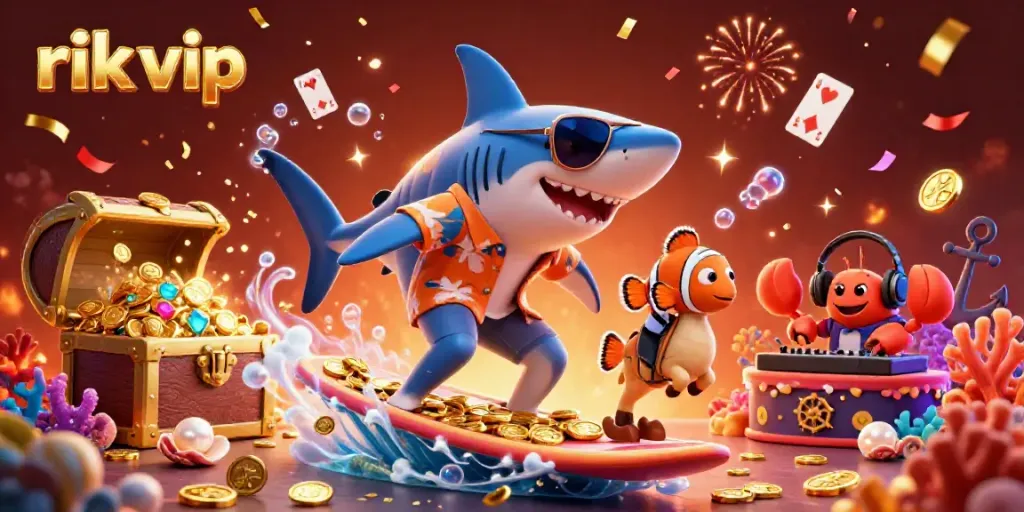 Experience thrilling gaming action with rik vip in a vibrant underwater casino scene featuring dynamic characters and lively elements.